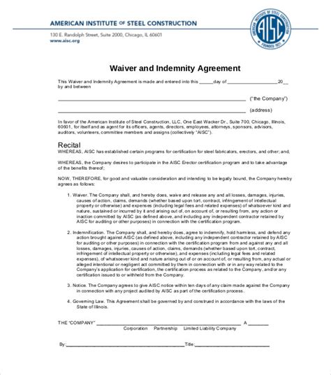 Indemnity Waiver Template