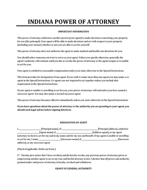 Indiana Power Of Attorney Word Template