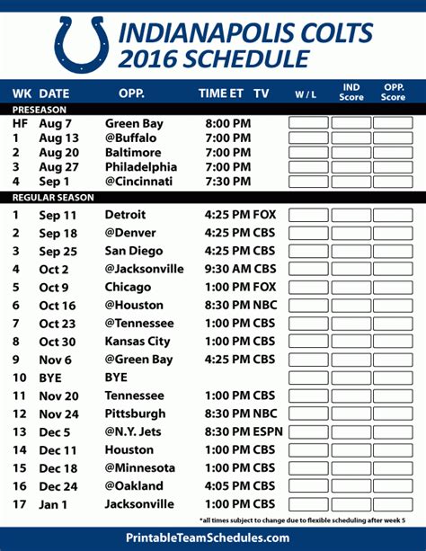 Indianapolis Colts Printable Schedule
