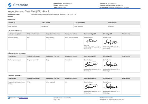 Inspection And Test Plan Template