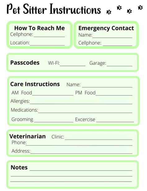 Instructions For Pet Sitter Template