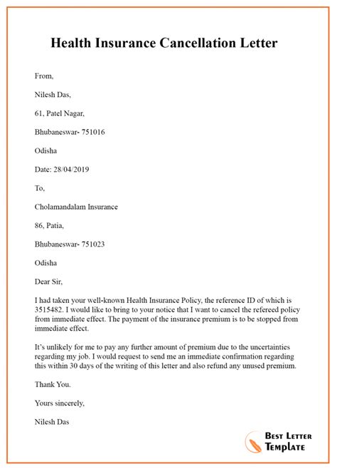 Insurance Cancellation Letter Template