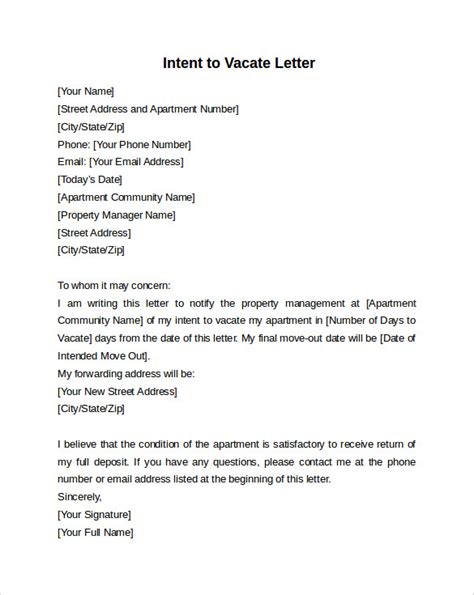 Intent To Vacate Letter Template