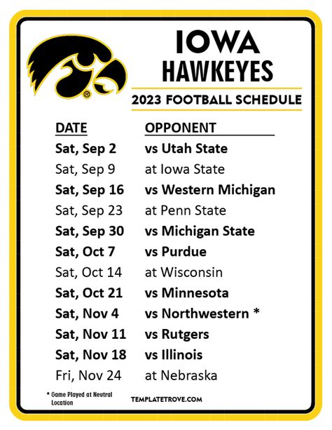 Iowa Hawkeye Football Printable Schedule