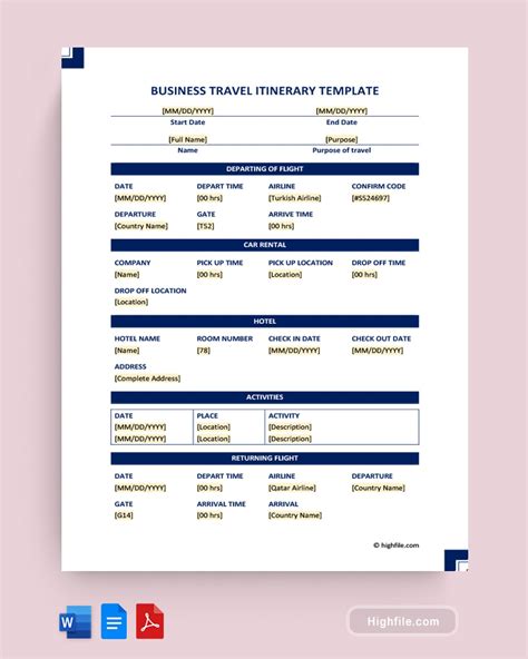 Itinerary Template Word