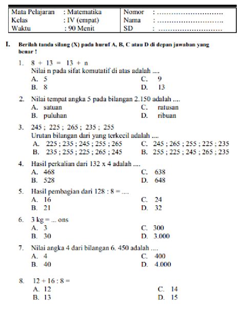 Jenis Soal Matematika Kelas 3 SD Semester 1 Kurikulum 2013 Indonesia