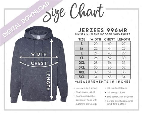 Jerzees Hoodie Size Chart