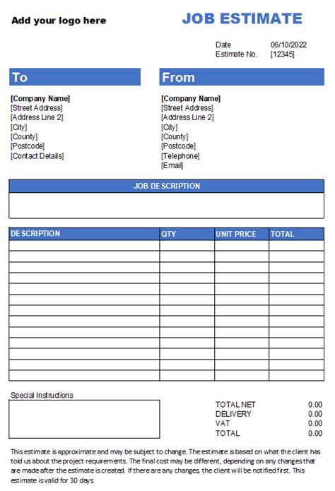 Job Estimate Template