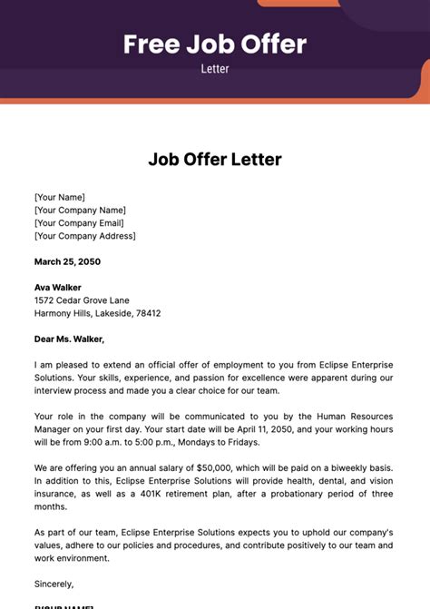 Job Offer Letter Template Free