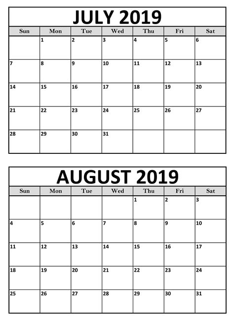 July And August Printable Calendar