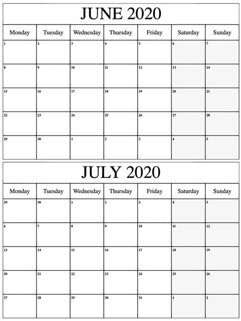 June And July Calendar Printable