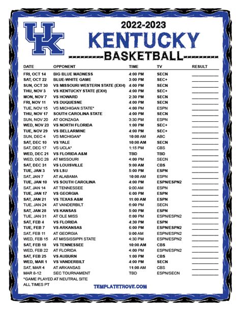 Kentucky Printable Basketball Schedule