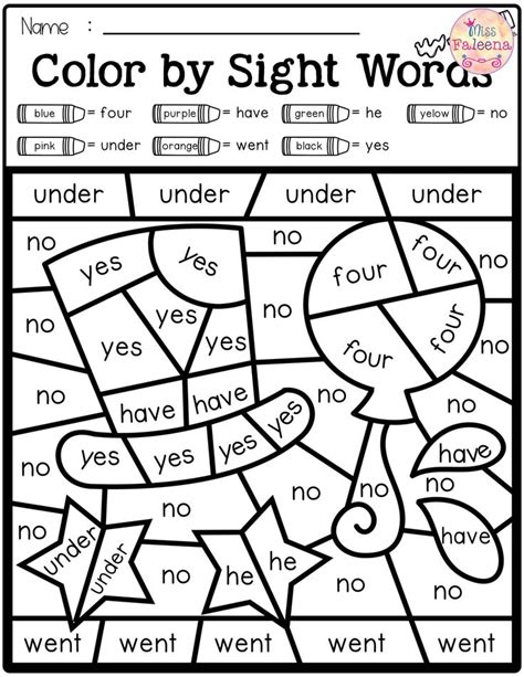 Kindergarten Free Printable Color By Sight Word