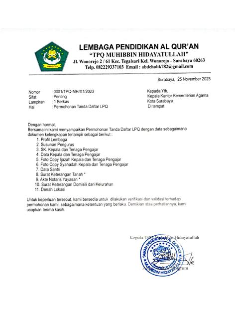 Komponen Surat Permohonan LPQ