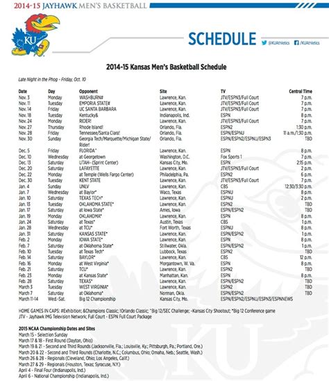 Ku Men's Basketball Schedule Printable