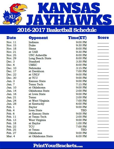 Ku Printable Basketball Schedule