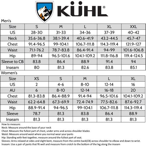 Kuhl Pants Size Chart