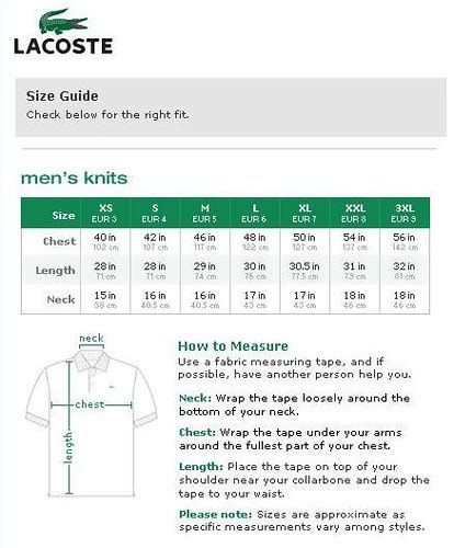 Lacoste Men's Size Chart