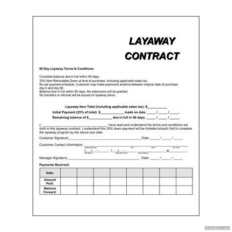 Layaway Agreement Template