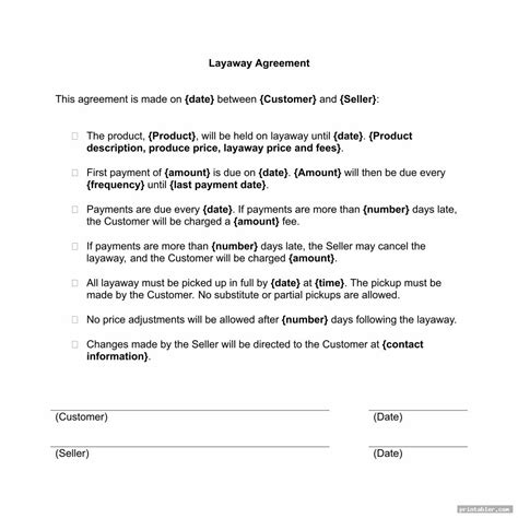 Layaway Contract Template