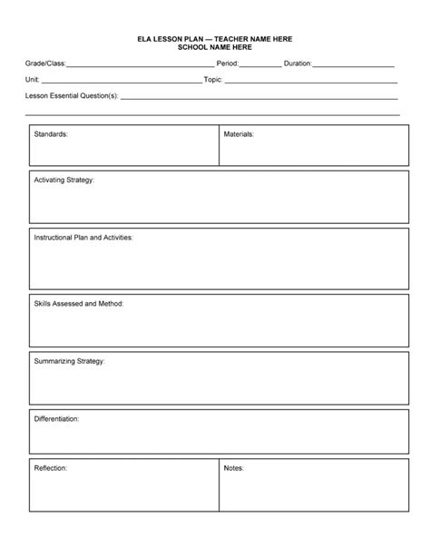 Lesson Plan Template For Language Arts
