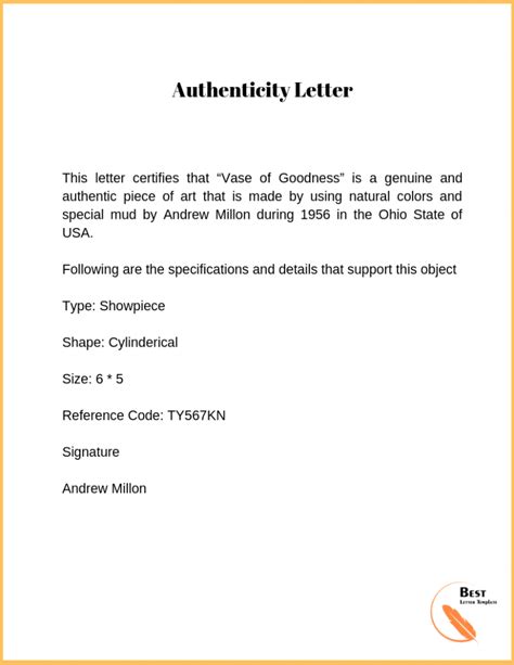 Letter Of Authenticity Template