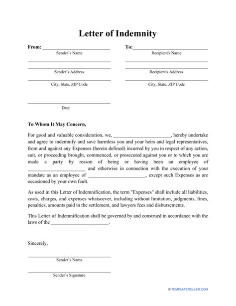 Letter Of Indemnification Template