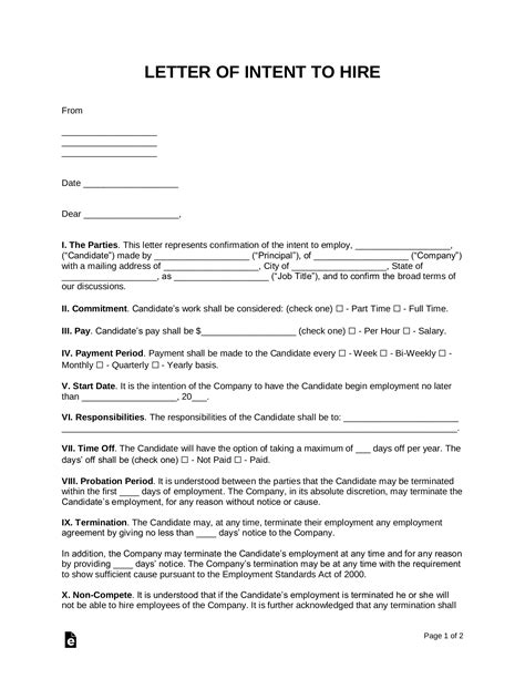 Letter Of Intent To Hire Template