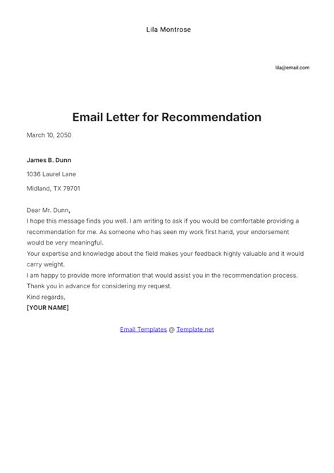Letter Of Recommendation Email Template