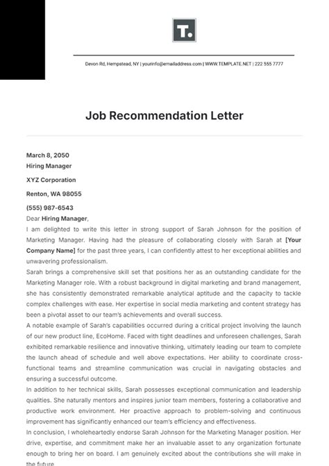 Letter Of Recommendation Template Job