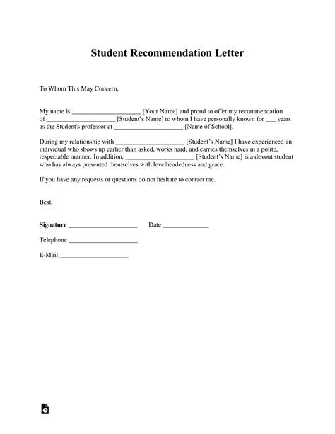 Letter Of Recommendation Template Student