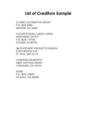 List Of Creditors Template