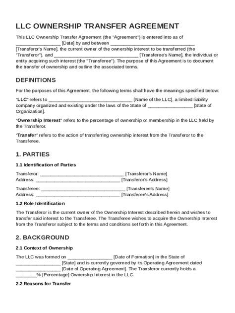 Llc Ownership Transfer Agreement Template