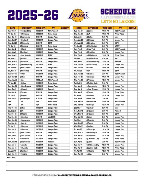 Los Angeles Lakers Printable Schedule