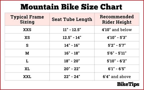 MTB size chart
