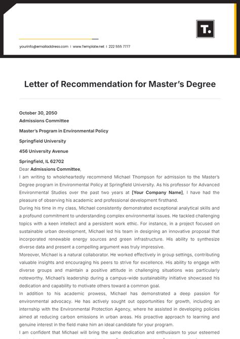 Masters Letter Of Recommendation Template