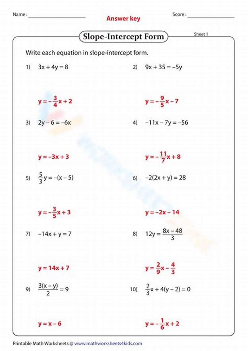 Match Slope Intercept Form Answer Key