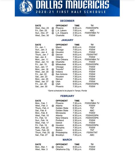 Mavericks Printable Schedule