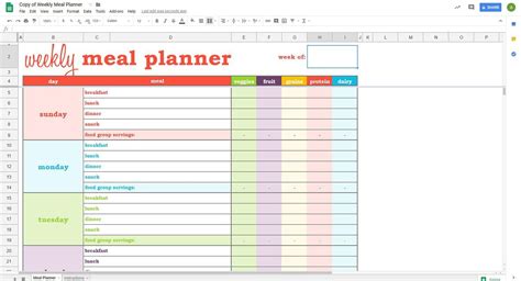 Meal Plan Spreadsheet Template