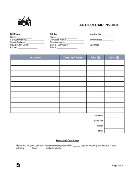 Mechanic Invoice Template Free