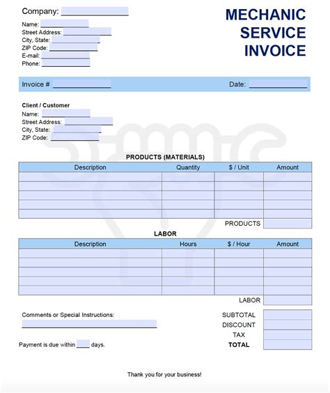 Mechanic Shop Invoice Template