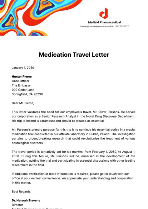 Medication Travel Letter Template