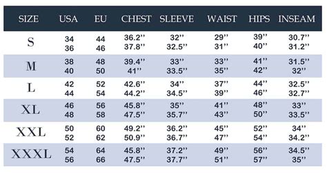 Men's Clothing Size Conversion Chart