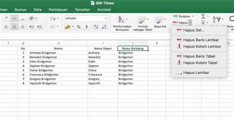 Menghapus Tabel Excel