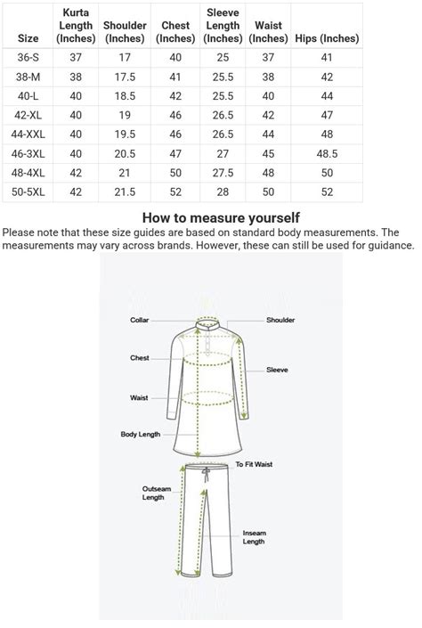 Mens Kurta Size Chart