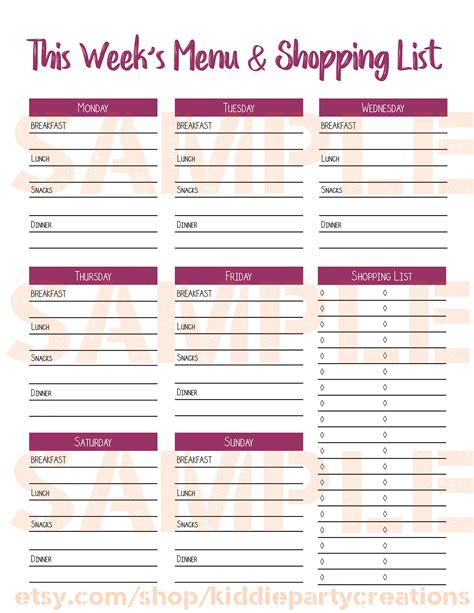 Menu Planner With Shopping List Template