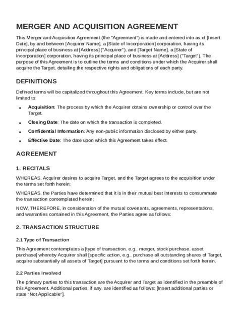 Merger And Acquisition Agreement Template