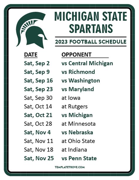 Michigan State Football Printable Schedule