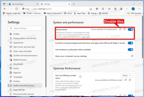 Microsoft Edge Startup Boost Disabled setting