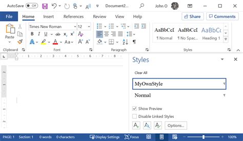 Microsoft Word styles pane